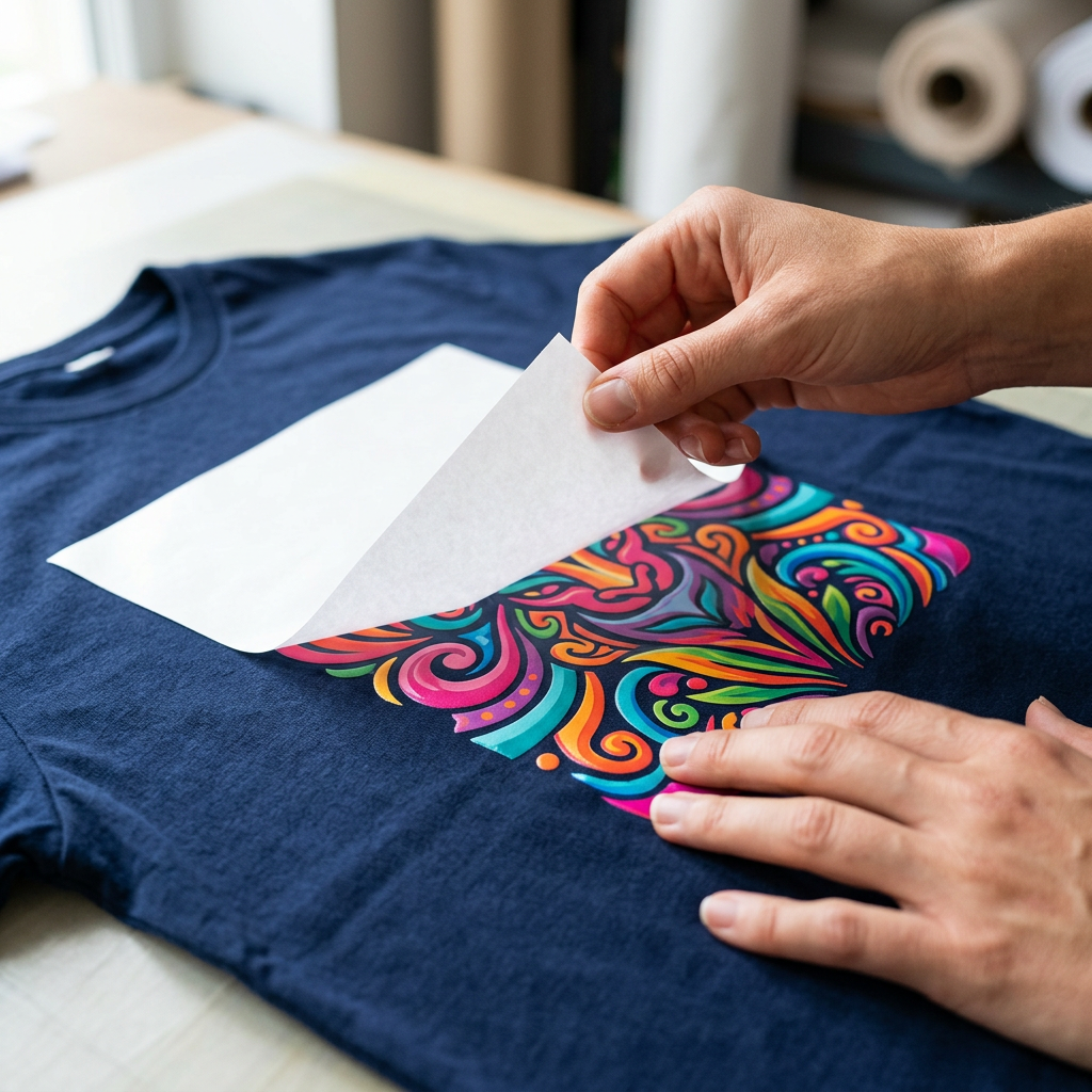 Close-up of hands peeling back the Estampasso transfer paper to reveal vivid finished artwork underneath
